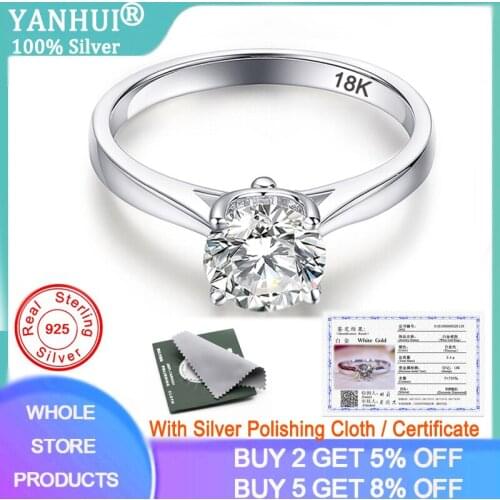 YANHUI Have 18K LOGO Pure Solid White Gold Rings Luxury Round Solitaire 8mm 2.0ct Zirconia Diamond Wedding Rings For Women HR128