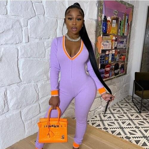 Autumn Color Patchwork Rompers Womens Jumpsuit Streetwear Zipper V Neck Long Sleeve Jumpsuit Sport Sexy Bodycon Jumpsuit Fitness