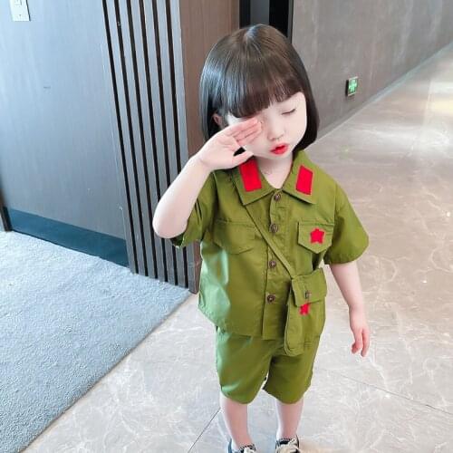 New Army Green Girls Sets Short Sleeve Turn-down Collar Childrens Clothing for 0-7 Years Solid Kids Summer Casual Clothes