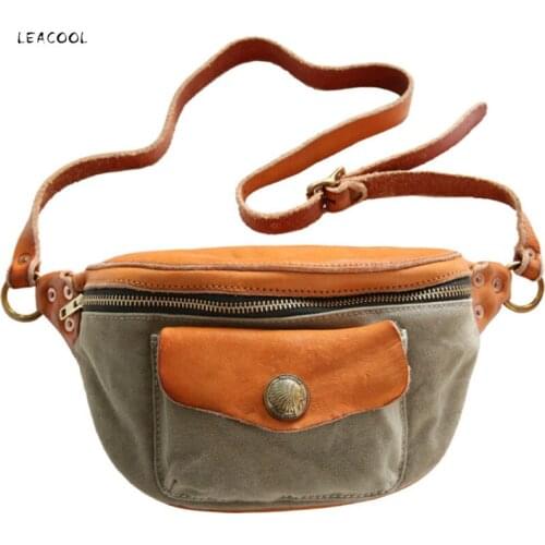 LEACOOL Casual Canvas Men Crossbody Bags Soft Zipper Messenger Bags For Male Vintage Genuine Leather Man Single Shoulder Bag