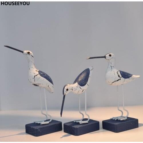 Marine Wood Seabirds Figurines Miniatures Mediterranean Wooden Decoration Crafts Creative Carving Home Decor Accessorie 3pcs/lot