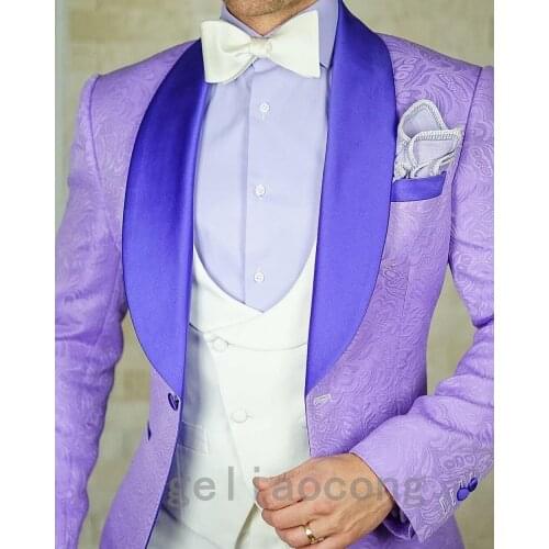New (Jacket+Pant+Vest) 3Pcs Set Light Purple Jacquard Men Formal Business Groom Tuxedo Wedding Suit Formal Men Suits For Party