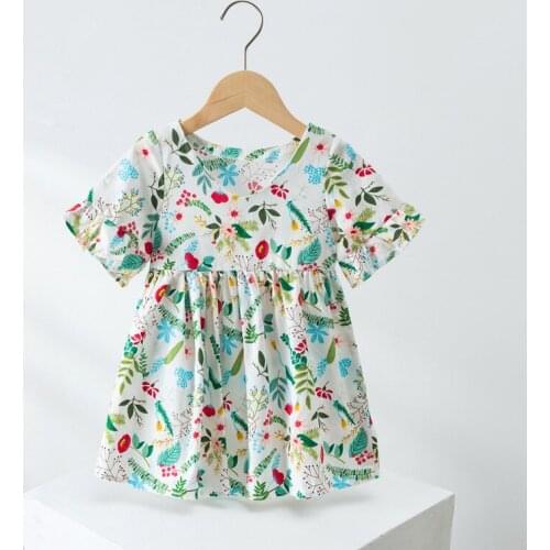 Newest Summer Children Girl Flower Dress Kids Clothing Baby Girl Princess Short Sleeve Dress Printed Cotton Garment