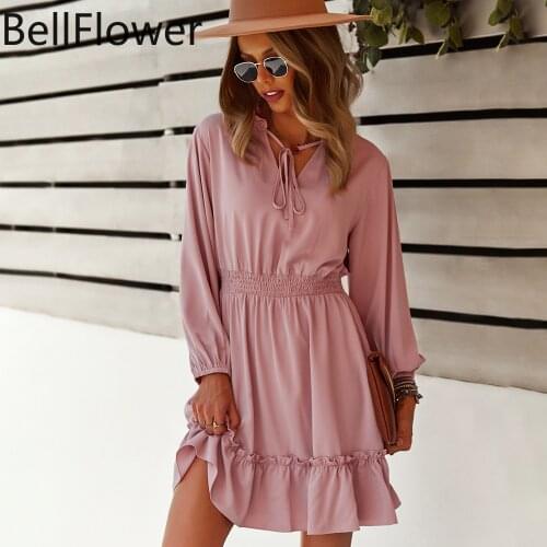 Solid Autumn Pink Dress Long Sleeve Flounced Edge Puff Sleeve V-Neck A-line High Waist Sexy Plus Size Clothing for Women 2021