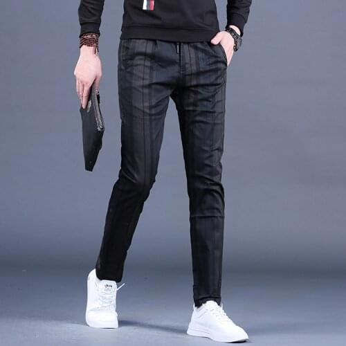 Autumn Men Casual Pants Fashion Black Gray Striped Trousers Man Korean Style Slim Fit Pencil Pants