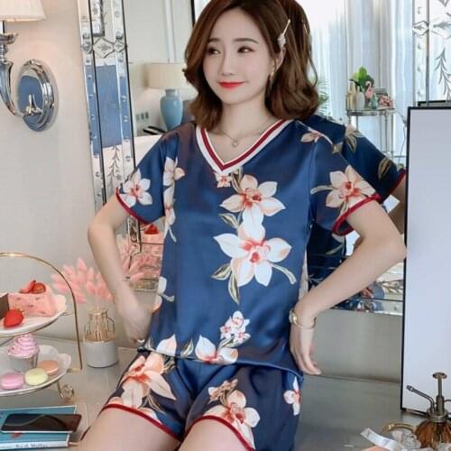 Pajama Sets Women Printed V-neck Shorts Womens Korean Style Summer Sleepwear Thin Breathable Homewear Pyjamas Elegant Nightwear