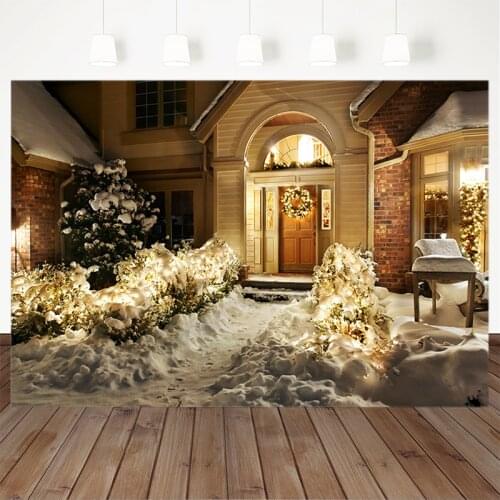 Christmas Theme Backdrops House Snow Street Light Tree Warm Light Garland Photography Background For Photo Studio