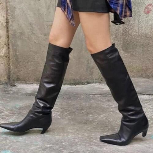 Drop Shipping Black Blue Brown Leather Suede 5 CM Cat Heels Knee High Boots Woman Square Toe Slip On Slim Long Botas Shoes Lady