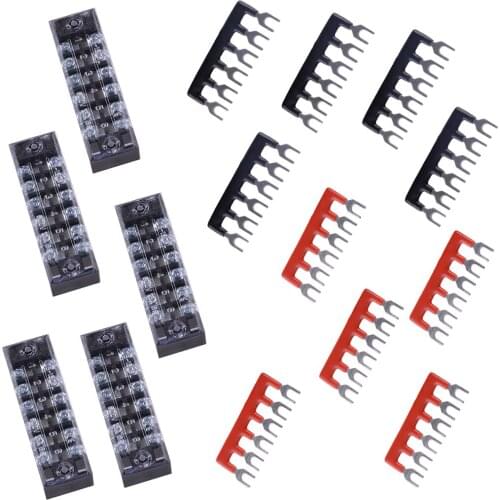 Universal 5 Sets Car Marine Power Distribution Bus Bar Dual Row 6 Position Terminal Block Barrier Strip 15A 600V Accessories