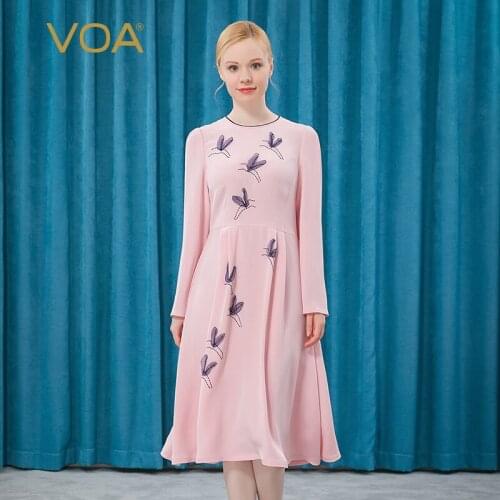 VOA Silk O-Neck Long Sleeve Prom Dress Organza Butterfly Stereo Decorative Black Line Arch Needle Romantic Lady Dresses AE379