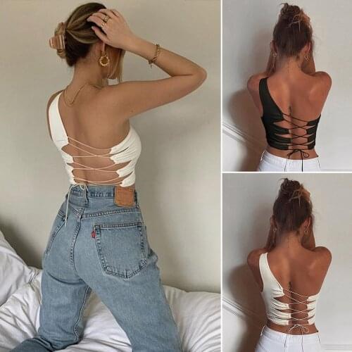 Women Fashion Sexy Hollow Off Shoulder Backless Tank Tops Summer Party Wear Solid Color Camisole Crop Tops Slim Lace up Vest#38