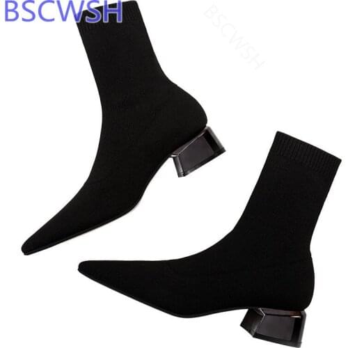 Thin Boots Womens Pointed Toe Mid-heeled Short Boots Spring And Autumn Single Boots 2021 Knitted Socks Booties Thick Heel Shoes