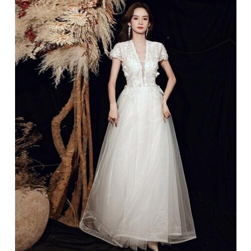 White Deep V-Neck Evening Dress Embroidery Short Sleeves Luxurious Foor-Length Appliques Backless Woman Formal Party Gowns A1474