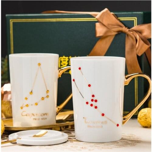 12OZ Creative Cherry and Yellow Diamond Ceramic Coffee Mug Porcelain Tea Cup with Gold Painted as Gift with Lid and Spoon