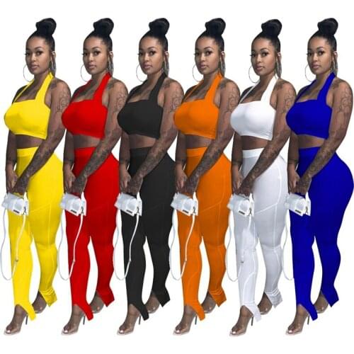 2021 New Fashion Summer Tracksuits Solid Sleeveless Crop Halter Top And Skinny Leggings Split Pencil Legging Two Piece Set S-XXL
