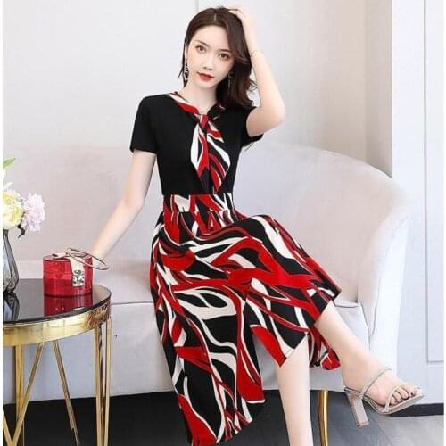 Women 2021 New Casual Party Dress Female Spring Summer Slim High-waisted Light Chiffon Scarf Collar Printed Skirt Office Ladies