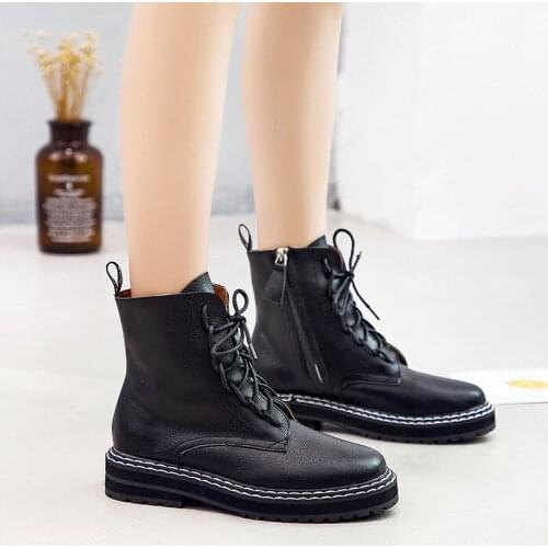 Lace Up Flat Ankle Boots Women Genuine Leather Motorcycle Boots Platform Boots Female Fall Winter Shoes Woman Booties Ladies