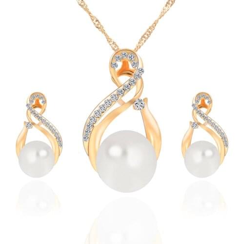 HOCOLE Elegant Imitation Pearl Rhinestone Chain Jewelry Sets Gold/Silver Drop Necklace Earrings Set For Women Wedding Jewelry