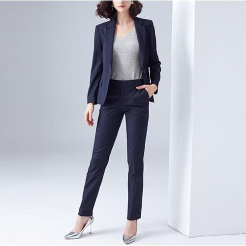 Formal Women Navy Pant Suits Office Ladies Work Wear Jacket Blazer and Trouser Outfit 2 Piece Set Womens Pants Suits