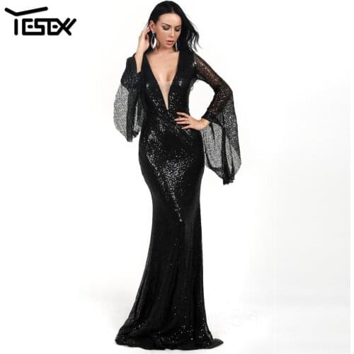 Yesexy 2021 Women Sexy Deep V Neck Flare Sleeve Sequins Dress Solid Color Long Maxi Dress Elegant Party Dress Vestidos VR18731