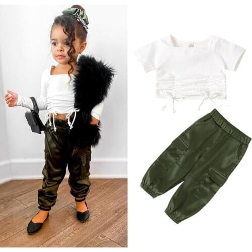 FOCUSNORM 1-5Y Fashion Kids Girls Summer Clothes Sets Short Sleeve Solid T Shirts Tops Elastic Pocket Pants 2pcs