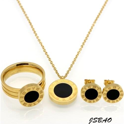 JSBAO Womens Fashion Brand Jewelry Roman Number Stainless Steel Necklace+Earrings+Ring White/Black Shell Wedding Jewelry Sets