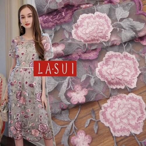 LASUI 2018 Temperament purple rose flower embroidery soft mesh lace fabric elegant Purple flowers + gray leaves DIY DRESS X0259