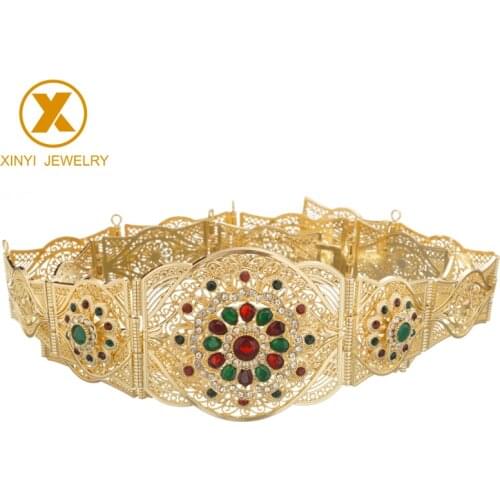 Moroccan Gold Color Round Metal Belt Long Waist Chain Waistband Wedding Resin Jewelry For Women Hollow Flower Bijoux