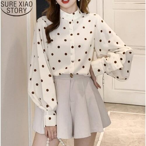 Fashion Long Lantern Sleeve Stand Collar Shirt Women Tops New Sweet Dot Chiffon Blouse Korean Autumn Apricot Loose Blusas 17131