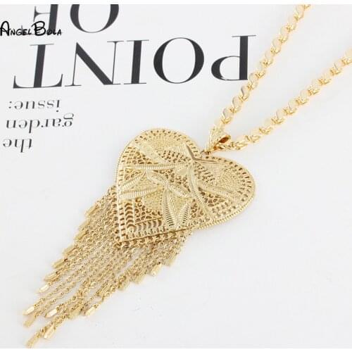 Muslim Luxury Fashion Heart-shaped Tassel Long Gold Jewelry Lady Charm Pendant Necklace Fadeless Wedding Event Party Gift