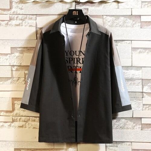 #4735 Black Grey Lapel Collar Casual Shirts Men Half Sleeve Loose Streetwear Hip Hop Shirts 100% Cotton Harajuku Spring Summer