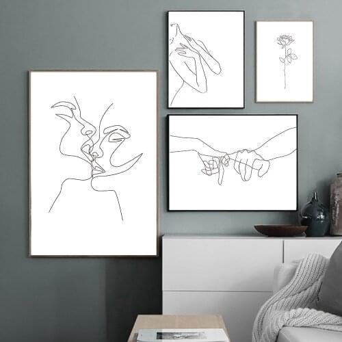 Abstract Line Drawing Wall Art Poster Hand Kiss Canvas Painting Couple Poster Lady Body Minimalist Art Print Picture Home Decor