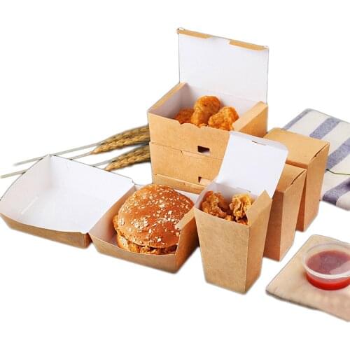 50pcs/pack Kraft Paper Disposable Hamburger Box Waterproof And Anti-Oil Fast Food Box Packing Tools French Fries Fried Food Tray
