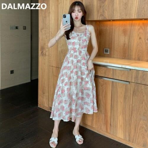DALMAZZO New Fashion Women V Neck Spaghetti Strap Holiday Long Dress 2021 Summer Designer Lady Chiffon Print Vestidos Female XL