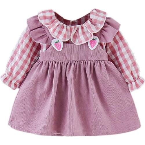 Baby Kids Girls Dress Doll Collar 2021 New Spring Cute Strawberry lattice Newborn Long Sleeved Princess Dresses Girl Kids Dress