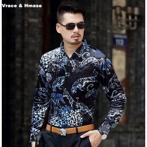 European-style stamping animal pattern 3D printing long sleeve shirt Autumn&Winter New high-quality gold velvet shirt men M-XXXL