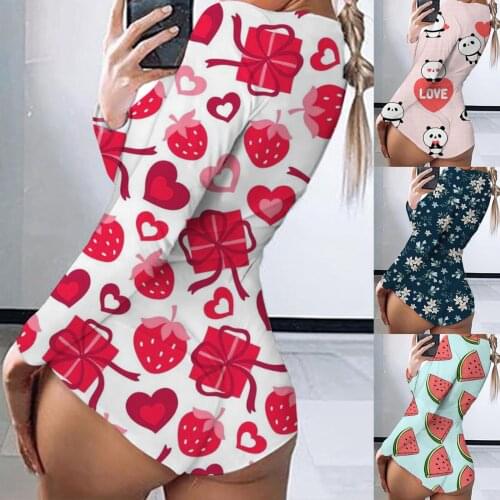 S-XL 2021 Women Valentines day Bodysuit Sexy Strawberry Floral Print Long Sleeve Jumpsuit Outdoor Daily Beach Playsuit Romper