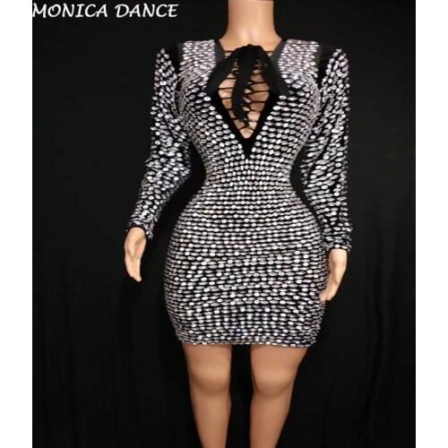 Sexy Sparkly Silver Rhinestones Dress Black Velvet Big Stones Singer Outfit Nightclub Birthday Party Stage Show Stage Dresses