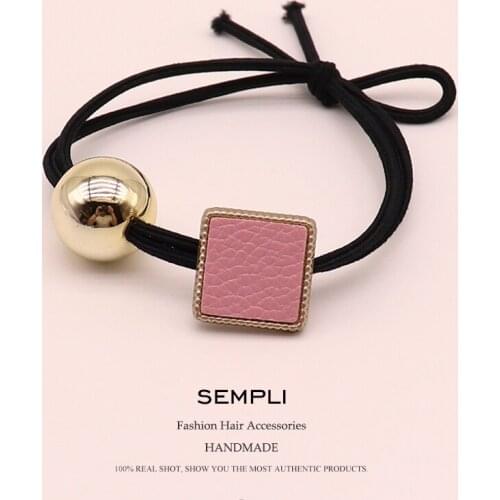 Sempli 5 Colors PU Leather Patch Bright Bead Girls Hand Knotted Women Elastic Hair Bands Kid Children Rubber Bands Top Quality