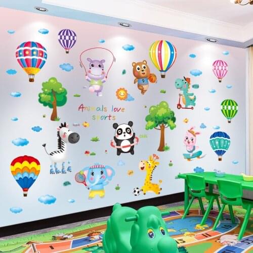 [shijuekongjian] Sports Animals Wall Stickers DIY Hot Air Balloons Wall Decals for Baby Bedroom Kids Rooms House Decoration