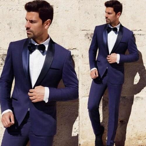 New Style Groomsmen Navy Blue Groom Tuxedos Shawl Satin Lapel Men Suits Wedding Best Man 2 pieces ( Jacket+Pants+Tie ) C542