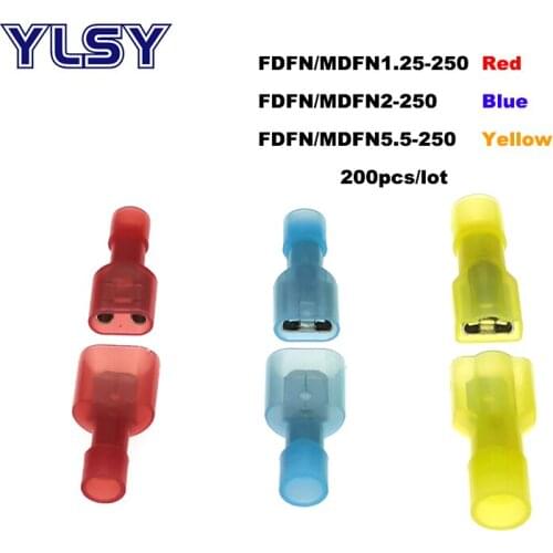 200pcs Male Female Insulated Crimp Terminal Electric Wire Connector MDFN/FDFN Brass Nylon Joint Connectors 22-10AWG 0.5-6mm2