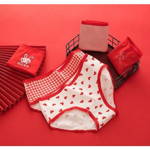 Sexy cute rabbit Red Panties Women Cotton striped heart seamless Knickers Fashion Lady lattice Briefs Underwear square Lingerie