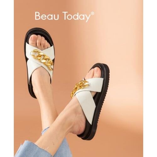 BeauToday Outdoor Slippers Women Cow Leather Platform Shoes Cross Band Metal Chain Open Toe Summer Ladies Flats Handmade 36209