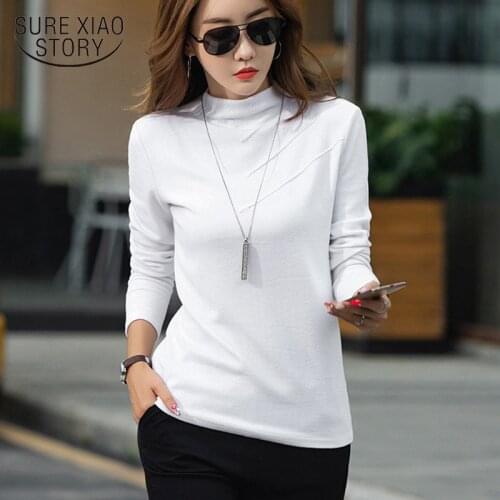 Spring Women Long Sleeve T-shirts Semi-High Neck T-shirt Autumn Buttons Solid Bottoming Shirt Fashion Elegant Lady Clothes Tops