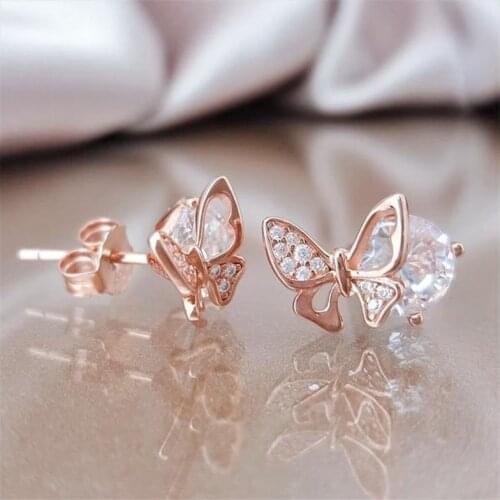 Rongyu Japanese Light Jewelry Take Up Butterfly Small Fresh Earrings with Diamonds and Zircon Earrings Jewelry Wholesale