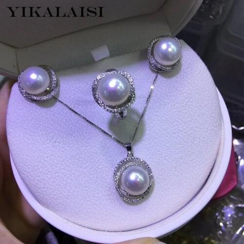 YIKALAISI 925 Sterling Silver Jewelry Pearl Sets 2020 Fine Natural Oblate Pearl jewelry 10-12mm Pearl Set For Women wholesale