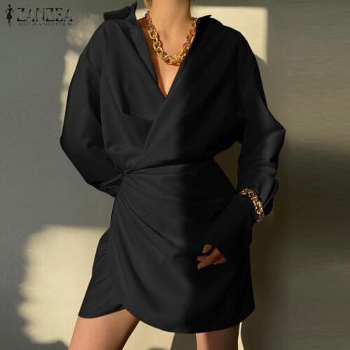 ZANZEA Summer Elegant V Neck Long Sleeve Mini Dress Women Pleated OL Sundress Robe Femme Casual Solid Party Vestidos Streetwear