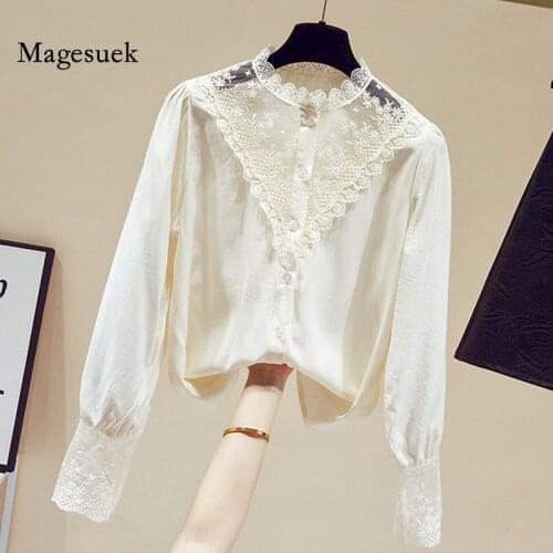Spring French Vintage Lace Blouse Women New Long Sleeve Hollow Out Stitching Shirt Solid Bottoming Tops Blusas Mujer 13121