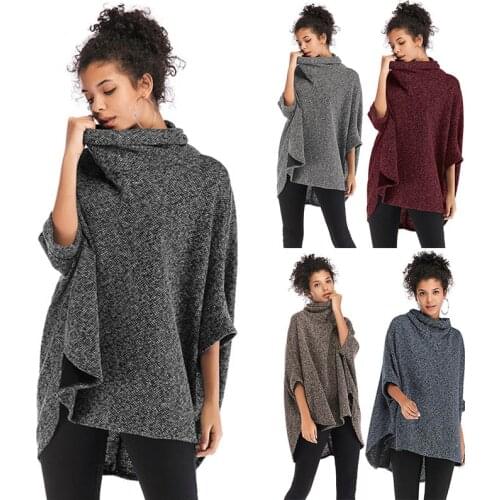 Zoulv Womens Autumn and Winter New High-neck Irregular Cloak Coat Bat Sleeve Sweater Women
